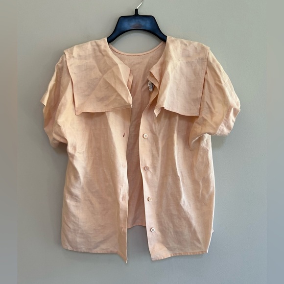Saks Fifth Avenue Vintage 100% Linen Button-Up Short Sleeved Peach Blouse, 8 - Picture 5 of 5